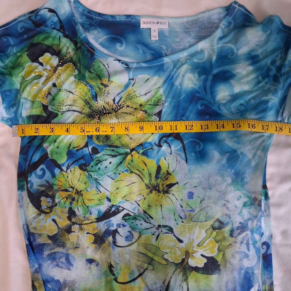 Fashion Bug Floral Rhinestone Tunic Top Blue Green Drawstring Ruched Small - Picture 4 of 11